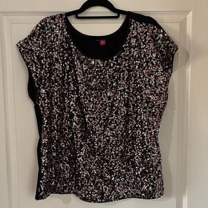Vince Camuto Black and Pink Cap Sleeve Sequin Blouse